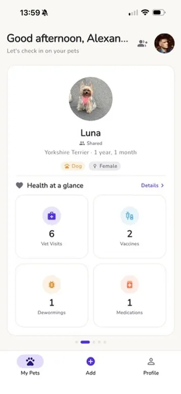 Petovi home screen in light mode — a pet’s health at a glance