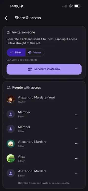 Petovi share & access screen in dark mode, inviting someone to a pet